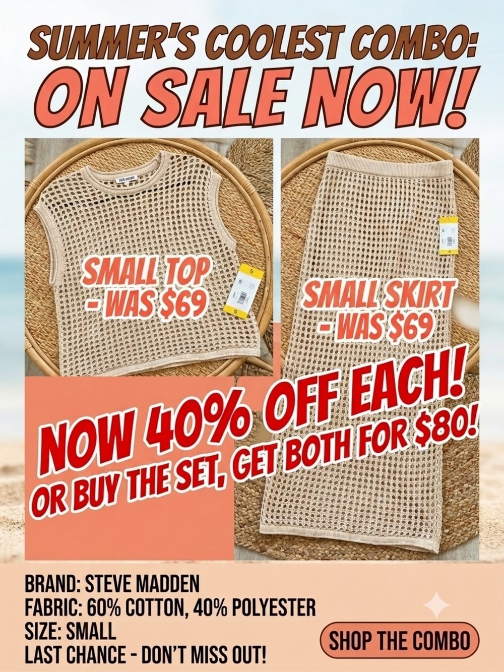 Steve Madden Beige Crochet Knit Tank Top and Skirt Set